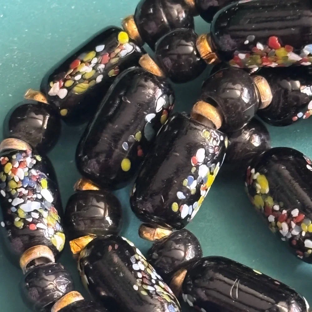 VTG Venetian or‎ Murano Black Glass Confetti Bead Necklace Multicolor